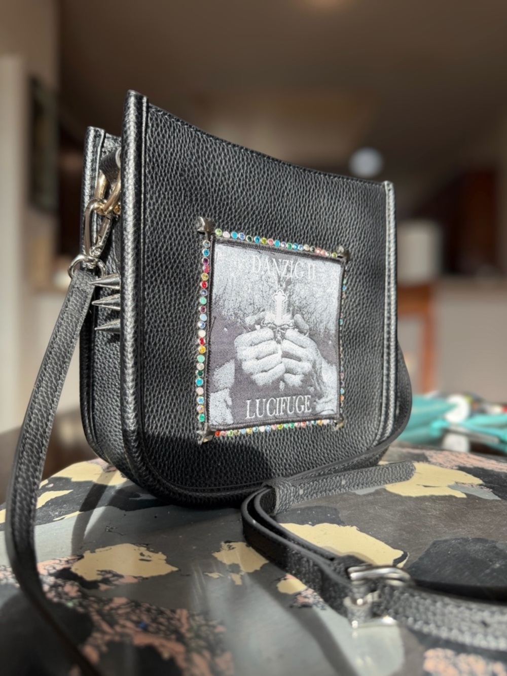 Black Faux Leather Crossbody Bag with Danzig Patch, Rhinestone, & Spike detail